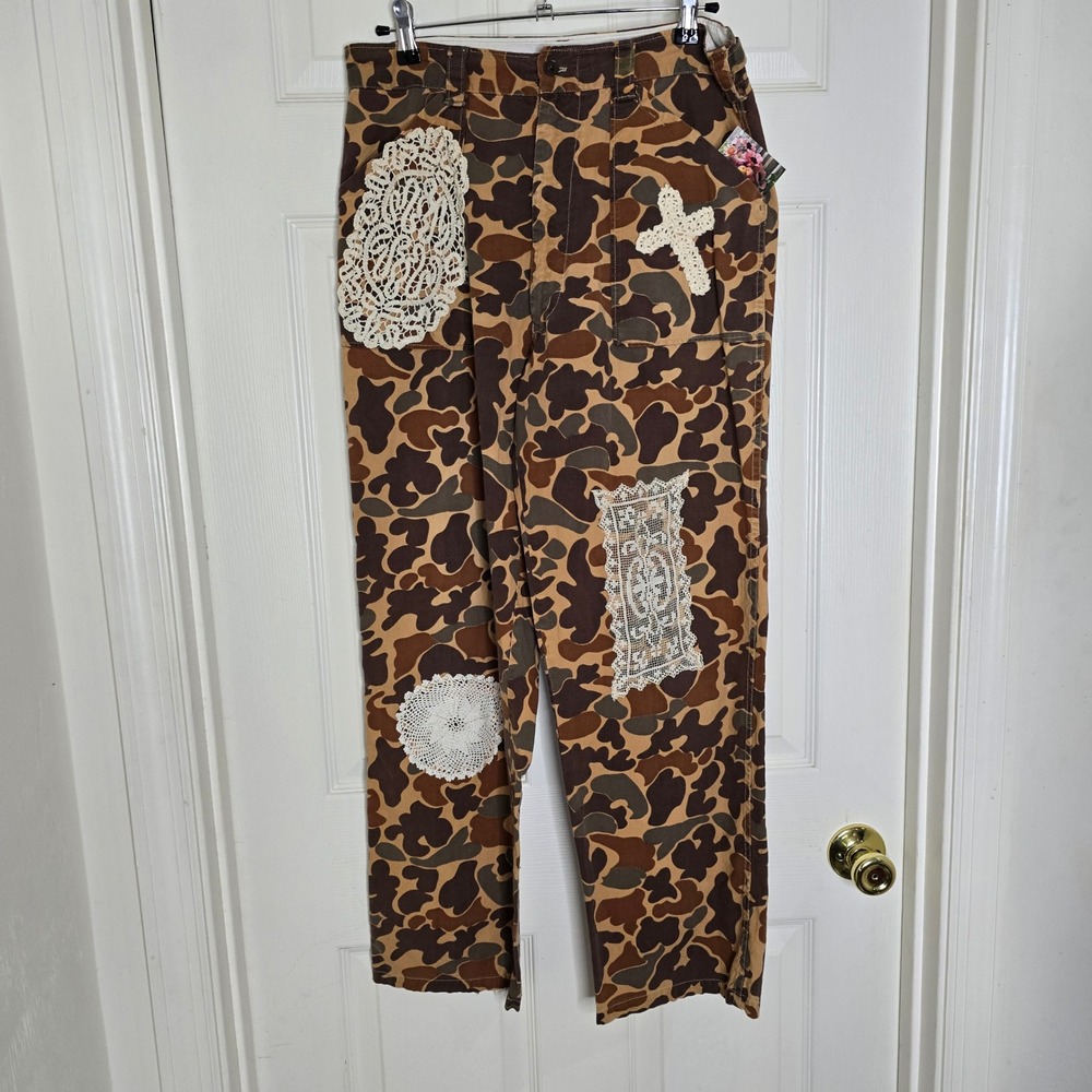 Upcycled vintage‎ camo lace doilie golden pants womens 2-8